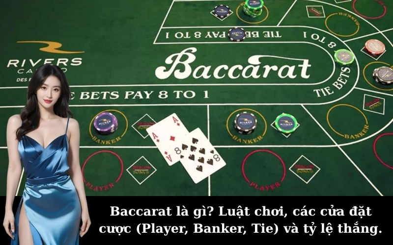 Baccarat là gì? Luật chơi, các cửa đặt cược (Player, Banker, Tie) và tỷ lệ thắng.
